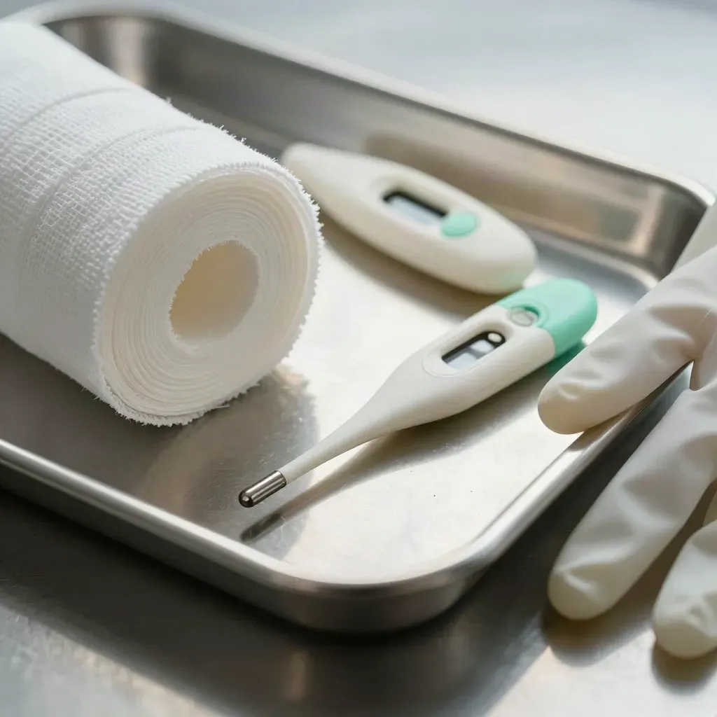 Bovenaanzicht van gaasrollen, babythermometerhoes en stalen dienblad op geborsteld staal.