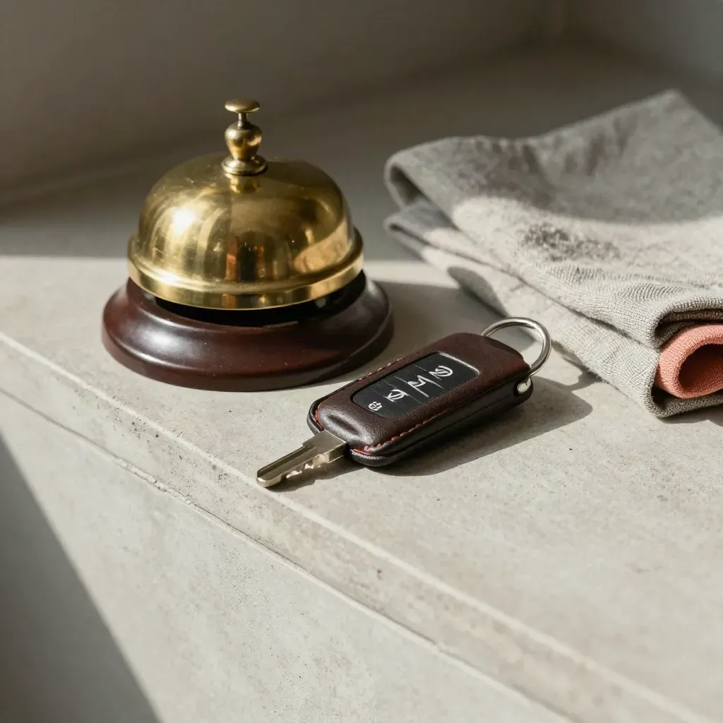Brass servicebel, sleutelhangtag en linnen doek op beton in hotellook