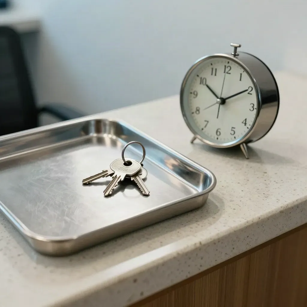 Metalen trays, sleutelhanger en klok op travertin receptieplank