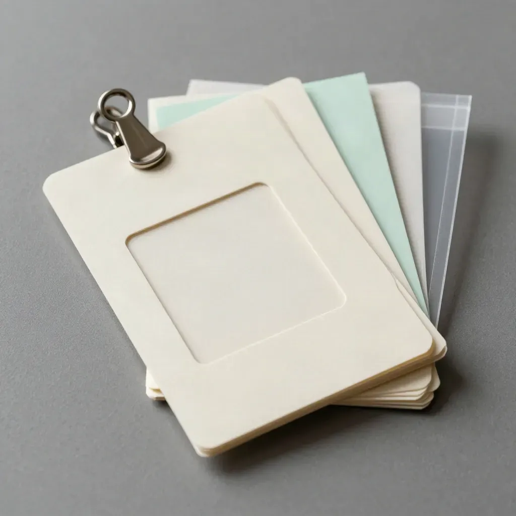 Bovenaanzicht van profielhoezen met blanco portretvensters, metalen clip en mintkleurig tabje op grijze ondergrond.