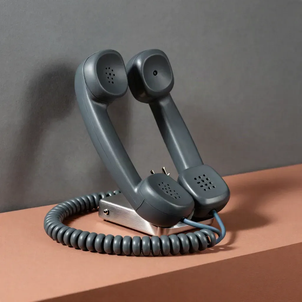 Matte grafiet handset op oplaadbasis met dubbele cradle op terracotta oppervlak.