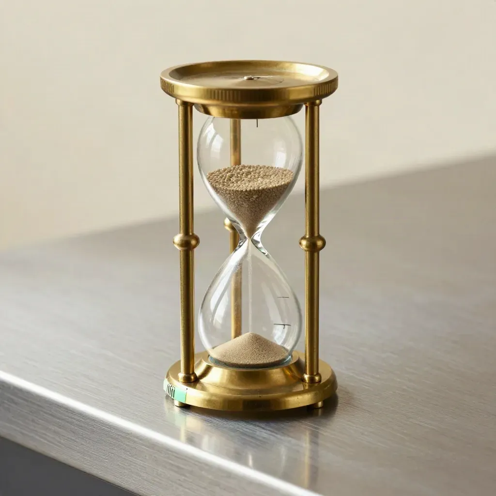 Brass hourglass, metalen counters en timer op geborsteld metaal met mintaccent.