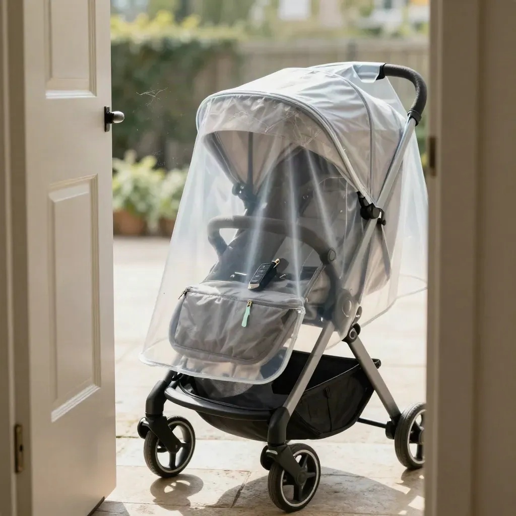 Stroller bij de voordeur met regenhoes, autosleutel en luiertas achter het gaas van de kap.