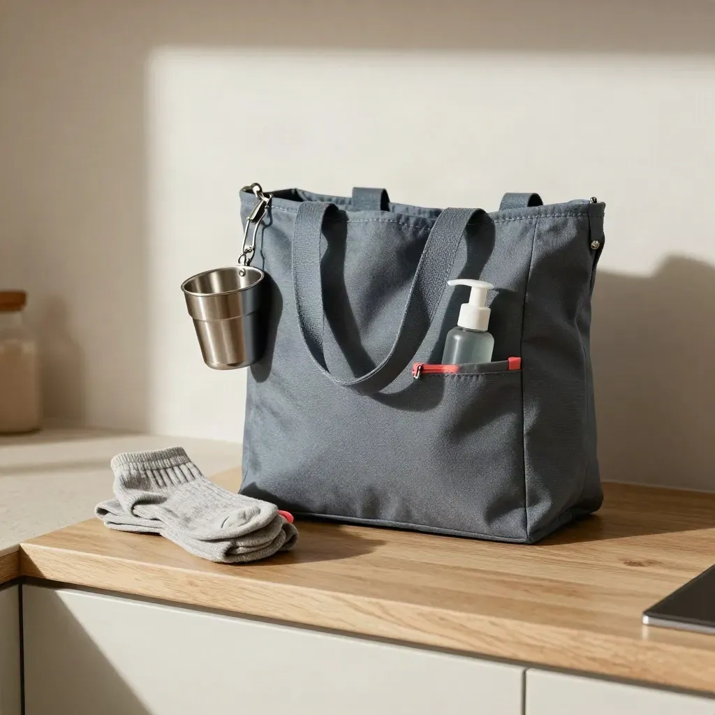 Oppas-tas met EHBO-tasje, sokken en inklapbare beker op een keukenblad