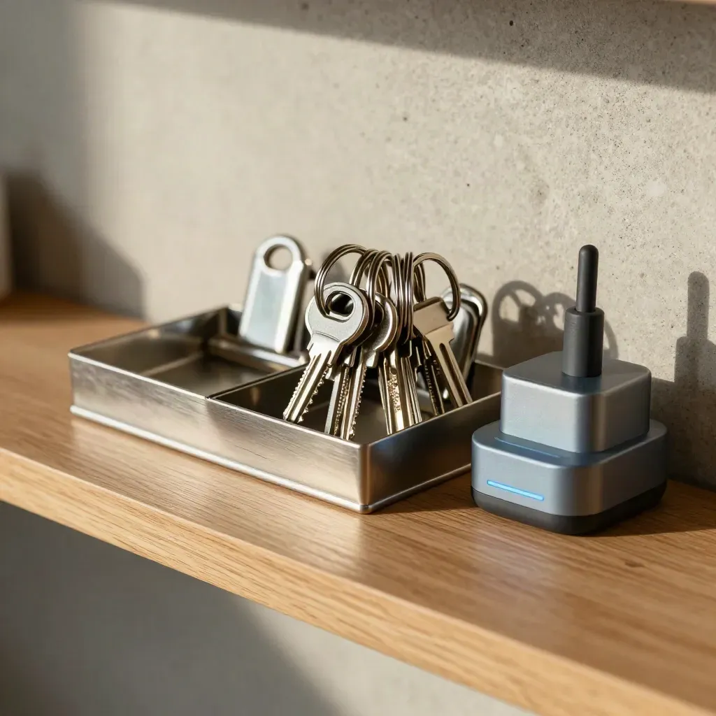 Close-up van clipbakjes, sleutelhangers en een oplader op een houten receptieplank.