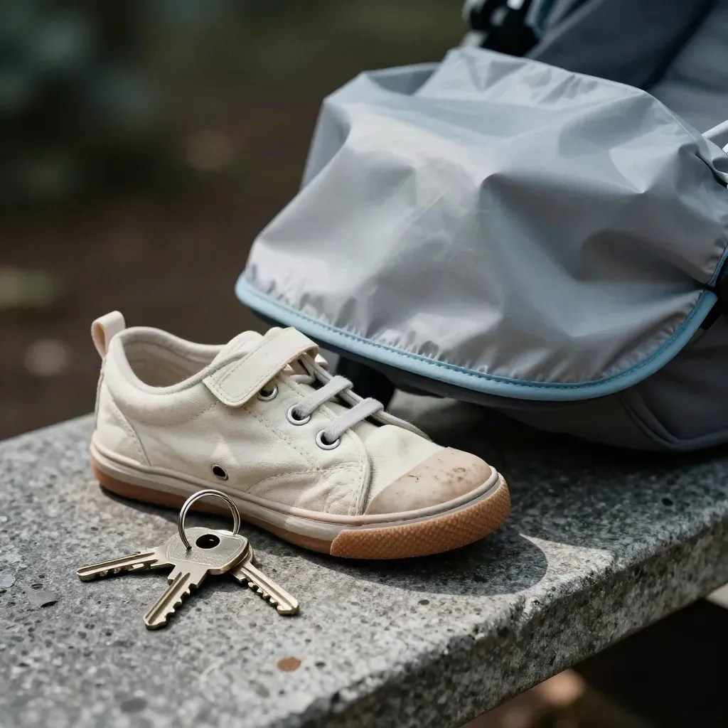 Kindersneaker, regenhoes en sleutelring op een stenen bank in donker, warm licht.