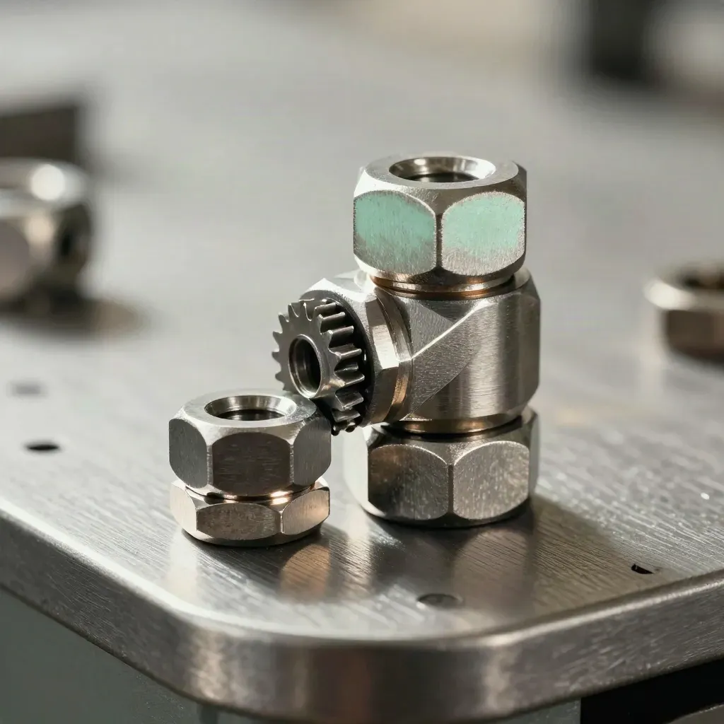 Stalen hex-connectoren en tandwielen op geborsteld metaal in dramatisch licht.