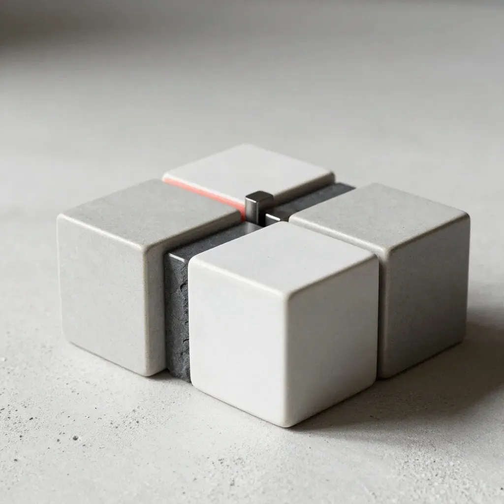 Bovenaanzicht van keramische blokjes, leisteen afstandhouders en een precisie-connector op licht beton.