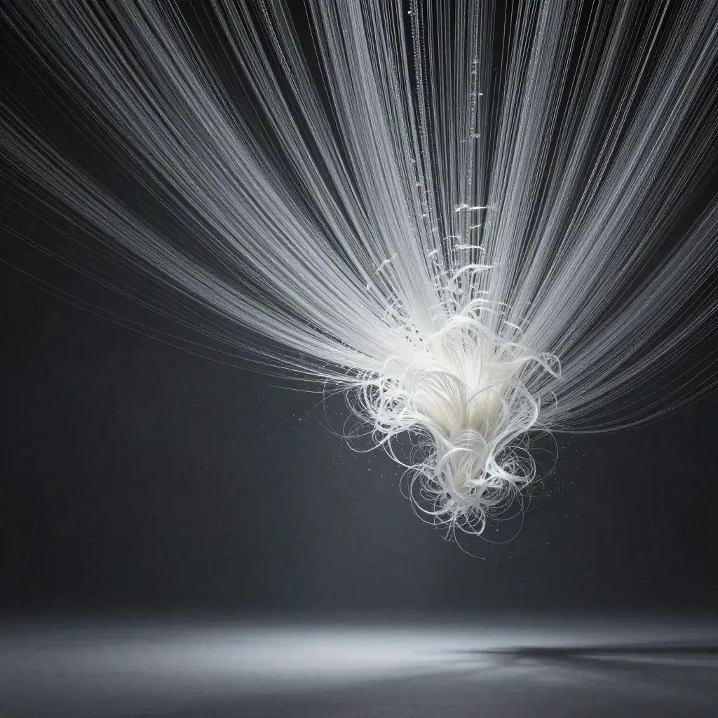Abstracte zilvergrijze lichtfilamenten rond een zachte witte gloed in donker grafiet.